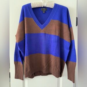 100% Cashmere J. Crew Sweater - Thick Bright Blue/Brown Stripes